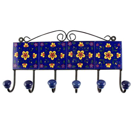 Navy Blue Ceramic Floral Tile Hook